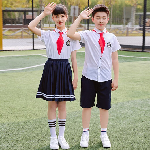 儿童白色衬衫短袖套装中小学生校服合唱服毕业演出服夏季班服英伦 1105圆领-平摆纯蓝衬衫女款 120 CM
