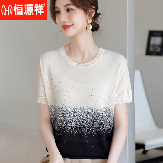 Hengyuanxiang Mode Mutter Sommer Neues dünnes Top lose Strick runde Nacken T-Shirt mittleren Alters und ältere Ladies 'All-Match Ice Seide Hemd Blau M.