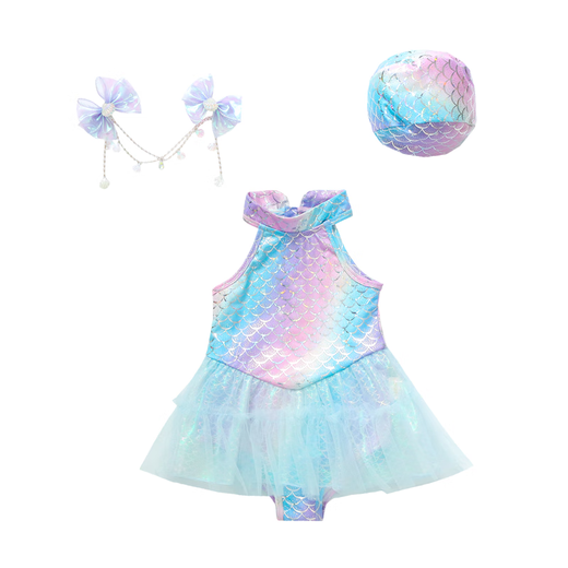 Same day delivery girls swimsuit summer children's dress swimsuit baby mermaid seaside vacation wear swimsuit + swimming cap 150 cm