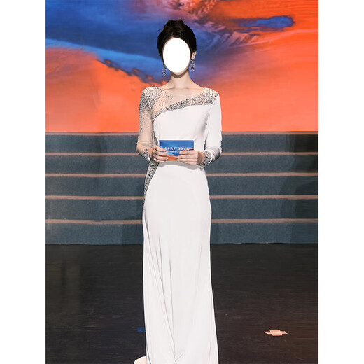 Wutuo host competition clothing ink white dress 2025 new dignified and atmospheric student art test vocal music simple unique white M