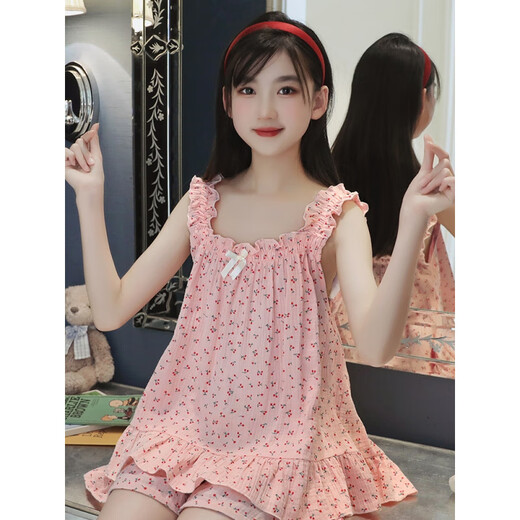Pema Chate pajamas children's girls big children's suspender pajamas pajamas pants suit girls sleeveless Korean strap center vest two thin styles LDE-11304# blue cherry 165 S size Height 140-150cm Weight 60-8