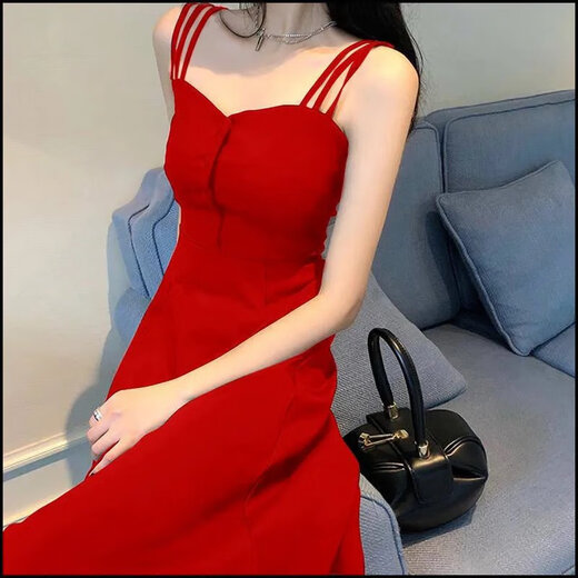 Tissu de baicao [3884 personnes collectent] la jupe à suspense 2025 Fairy Fairy Fery Mm Slim et grande robe rouge, Black à manches courtes + Suspenders Red S [Recommandé 80-90 Jin [Jin est égal à 0,5 kg] usure]