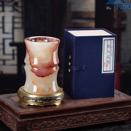 何佳功高端进口天然阿富汗玉石手工原矿笔筒石诚记天然大号毛笔摆件复古装饰礼品中国风创意个性定制 现货-竹节瓶笔筒配黄铜底座C12808