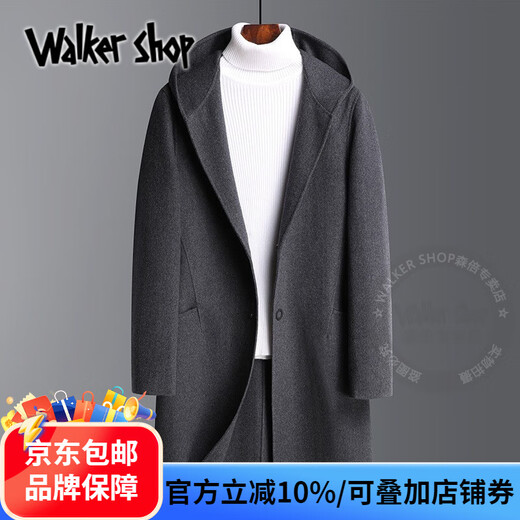 Walker Shop woolen coat men's spring 2025 double-sided woolen coat mid-length hooded windbreaker jacket men's black M /170