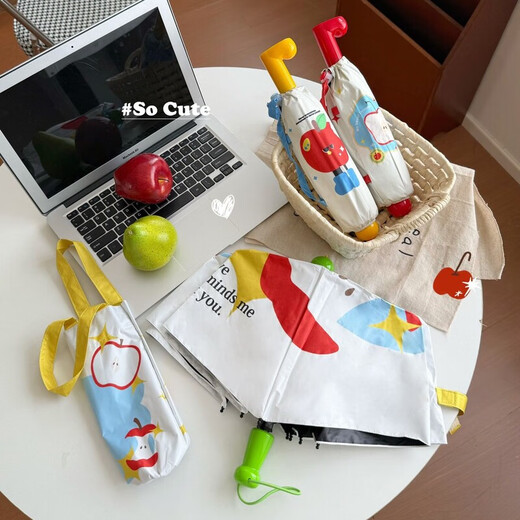 Children's umbrella 10-12 years old Apple boots folding sun umbrella cute parasol ins high-value sunshine and rainy dual-purpose Annuo A3880 Green Apple manual sunshade