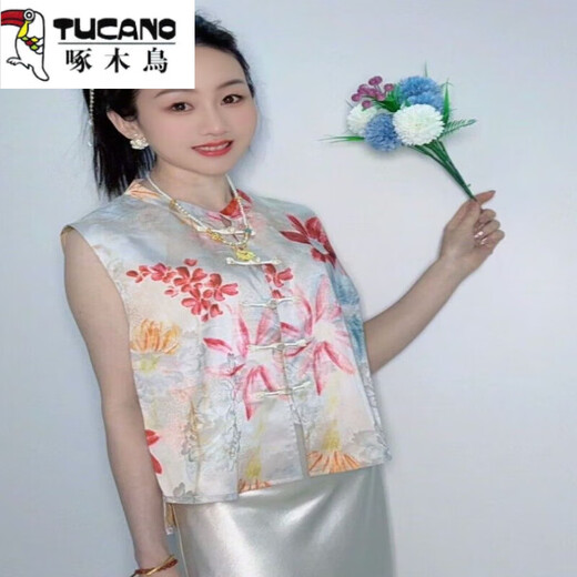 Woodpecker New Chinese Style Retro Short-Sleeve Shirt 2025 Summer Design Sense Jacquard Round Neck Sleeveless Vest Temperament Top [Like a Fish in Water] Short-Sleeve XL Recommended 90-120Jin [Jin equals 0.5 kg]