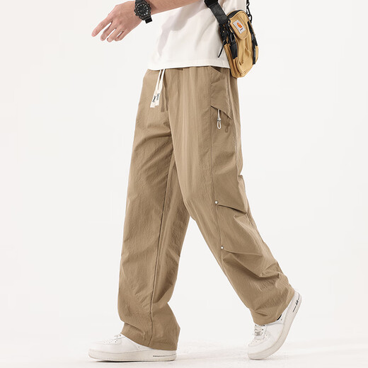 Greatluia Hosen Sommer Herrenfarbe Falten Nieten dekorative Straight Casual Hosen Lose Sporthosen Herren trendige schnell trocknende Hose 723 Khaki M.