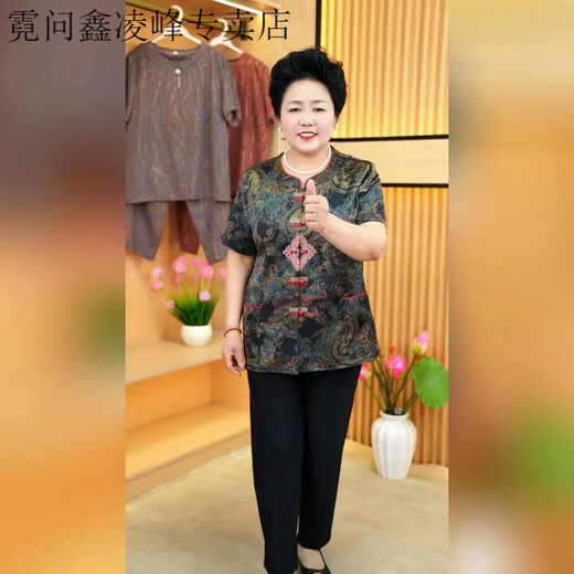 霓问晚年之美妈妈装中老年人女装奶天衬衫短袖套装老人衣服宽松套装MR T6627红色【套装】 XL