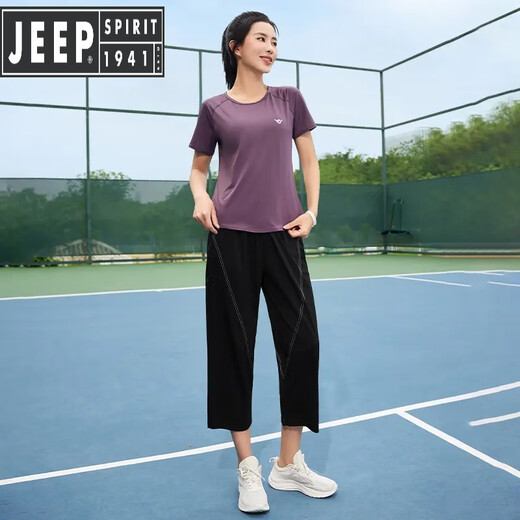 JEEP SPIRIT running yoga suit summer thin fast-drying cropped pants morning jogging slimming sports fitness clothing women's suit 1371 purple clothes purple pants M Recommended weight 90-100 Jin [Jin equals 0.5 kg]