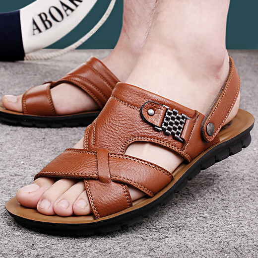 DADONG (DOPDO) 2025 SUMMERO Sandalias para hombres New Men's Tendy Leather Beach Beach Blay Capa de paletas de vaca Sandalias de hombres casuales 12129 Amarillo-marrón 38