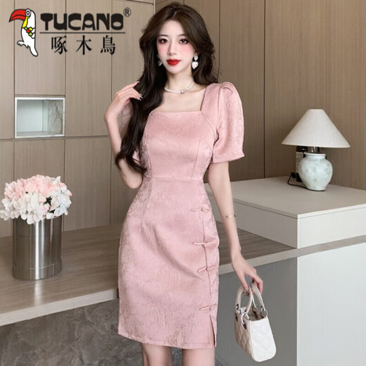 Woodpecker New Chinese Improved Cheongsam Skirt Women's Retro Patch-button Jacquard Dress Summer Square Collar Puff Sleeve Slit Hip Skirt 983-2 Long Black XL