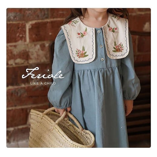 Girls embroidered large lapel embroidered sweet forest princess dress Korean version spring and autumn new fashion fashionable dress blue 90