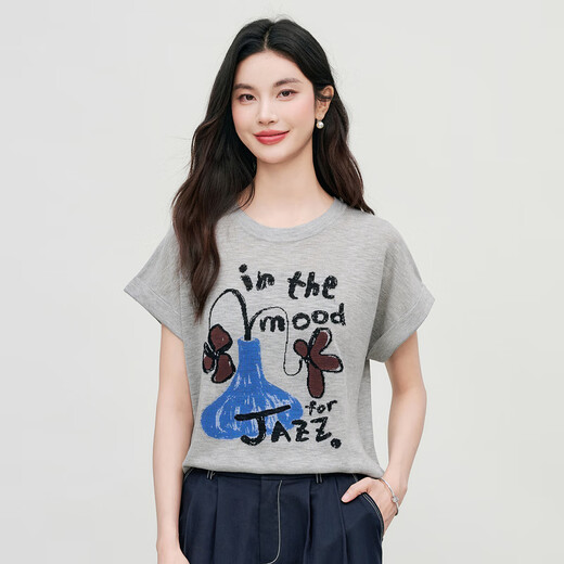 百家好（Basic House）Basic House百家好字母刺绣撞色针织衫夏季流行短款圆领套头上衣 浅灰 L