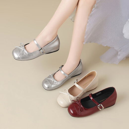 
ZHR single shoes for women with light mouth round toe bow Mary Jane women's shoes with skirt heightened ballet women's shoes AH687 burgundy 37