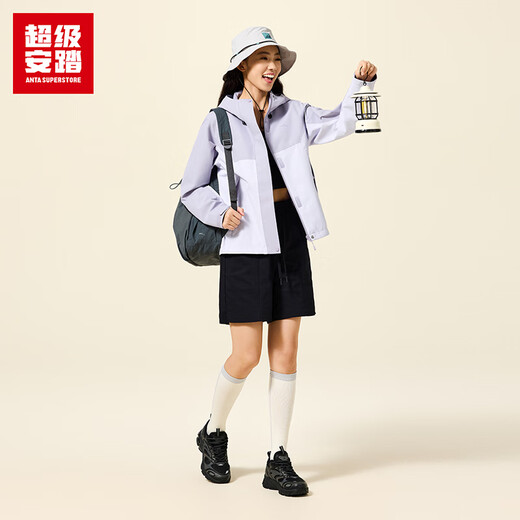超级安踏冲锋衣女士秋季户外露营徒步防水透湿拼色连帽运动外套162536605U 紫烟色/浅薰紫-1 S /女160