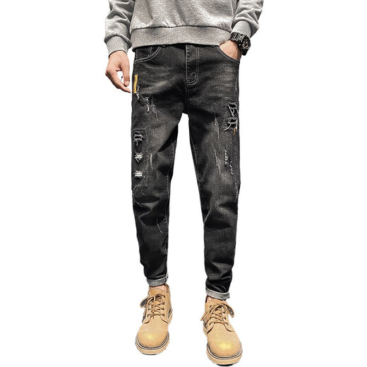 Aexmere Herren zerrissen Jeans Summer Trendy Brand Slim Feet 2025 New Summer 6636 Black. 29