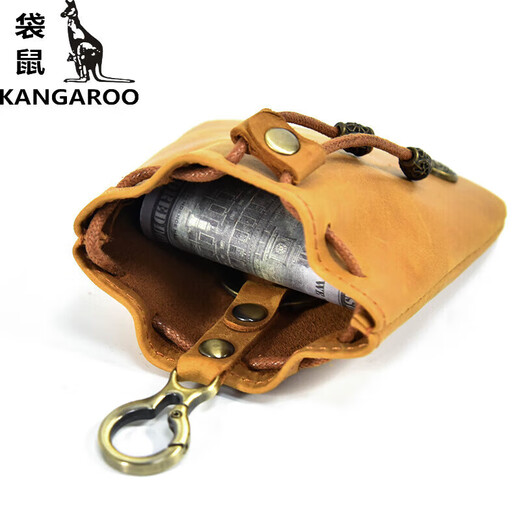 袋鼠（KANGAROO）牛皮硬币包文艺迷你钥匙包零钱包复古短皮革小钱包数据线收纳包 NC0004-疯马棕红