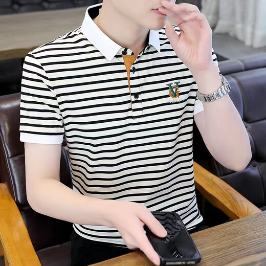Pierre cardin high-end striped polo shirt men's t-shirt lapel cotton short-sleeved summer new casual trend ice silk t-shirt 983 white stripes [high quality] M 85-100Jin [Jin equals 0.5 kg]