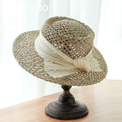 MISMEMO French holiday straw hat for women 2025 new spring and summer hollow saltwater straw travel flat brim sun hat, straw brown color