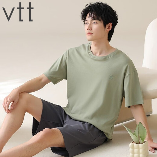 VTT纯棉短袖短裤男家居服套装夏季便携抗菌吸湿排汗可外穿 V短袖套装：OMM13601 L