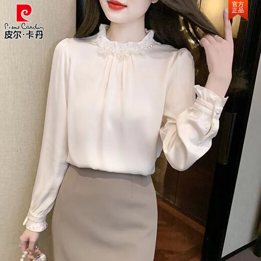 Pierre Cardin temperament stand collar beading spring and autumn 2025 new French long-sleeved chiffon shirt women's shirt age-reducing chic and beautiful shirt apricot L Recommendation 100Jin Jin is equal to 0.5kg -115Jin Jin is equal to 0.5kg