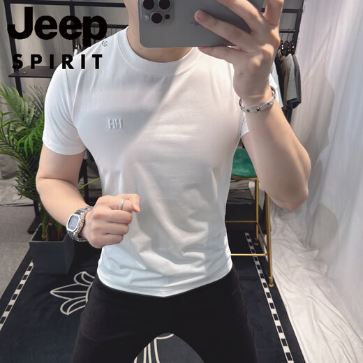 JEEP SPIRIT欧洲站夏季男士短袖t恤2025新款个性简约潮牌时尚刺绣紧修身体恤 黑色 BG6624 2XL (145-155斤)