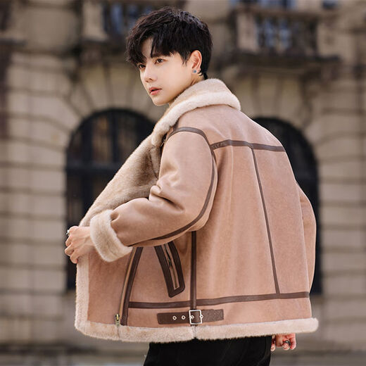 Falling fur all-in-one men's jacket plus velvet thickened leather jacket winter suede lambskin jacket large size couple motorcycle jacket light brown 3XL