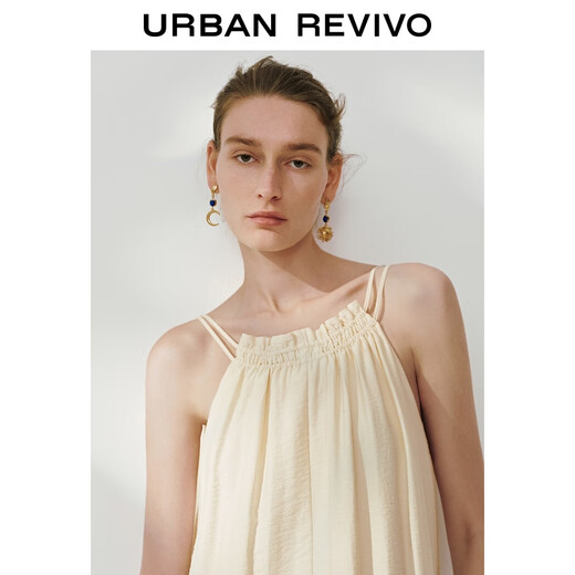 UR2025 autumn new women's clothing casual vacation style double suspender pleated A-line dress UWH750086 beige M