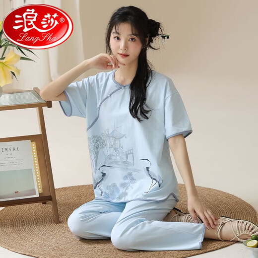 浪莎新款夏季短袖长裤睡衣套装国风休闲舒适可外穿棉质家居服 9905 M  75-95斤