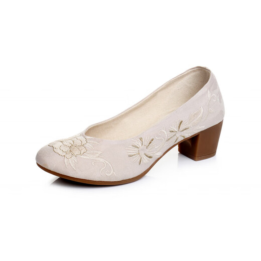 BULLS WANZE新款老北京布鞋女绣花鞋女粗跟浅口民族风复古改良汉服布鞋 绿色 35