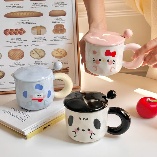 Ceramic mug with lid and spoon, good-looking cup as souvenir for women, household water cup, cute couple coffee breakfast cup, pink cute kitten, cup + lid + spoon