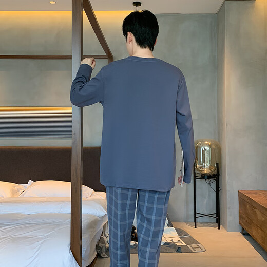 Kiargo新款睡衣男春秋季长袖棉质青少年男生薄款男士简约大码家居服套装 YEX9906 男L码适合(170CM)120斤以内