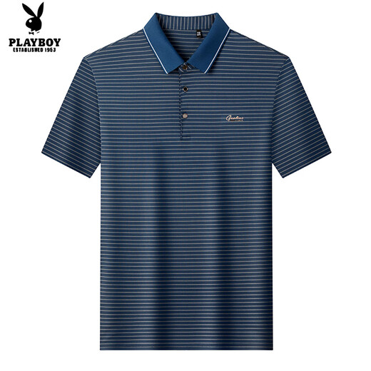 Playboy men's short-sleeved T-shirt striped POLO shirt lapel ice silk thin business casual no-iron dad's half-sleeved top short-sleeved 9922 blue M 165 suggests 90-120Jin [Jin equals 0.5 kg]