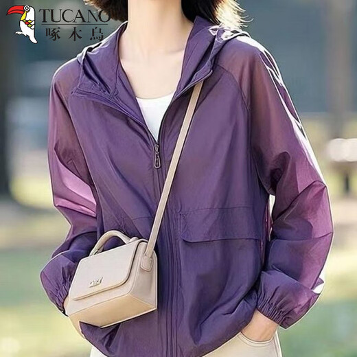 Woodpecker 2025 Summer Super Hot Hot Sans le même style, style décontracté et paresseux, veste polyvalente et mince de protection solaire violette pour les femmes, violet mince, mince M, recommandé 80-95 Jin [Jin est égal à 0,5 kg]