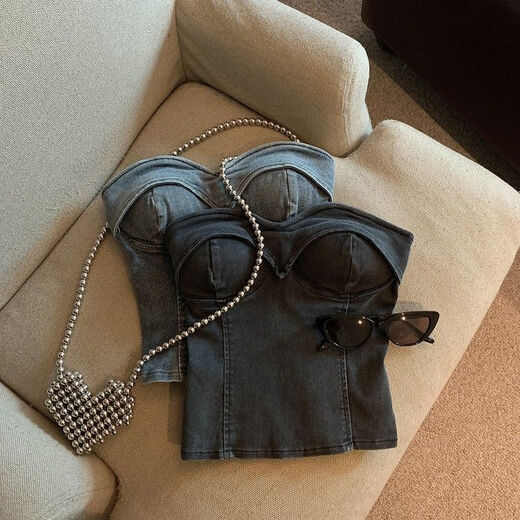 Banfishi Fashion Hot Girl Retro Color Denim Tube Top Women Summer 2023 New Sweet Cool Versatile One-shoulder Navel Short Top Black S