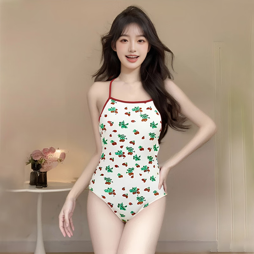 2025年新款连体三角可爱草莓印花露背竞速女泳装游泳温泉度假必备 米色印花【泳衣+泳镜】 XL 【建议100-120斤】