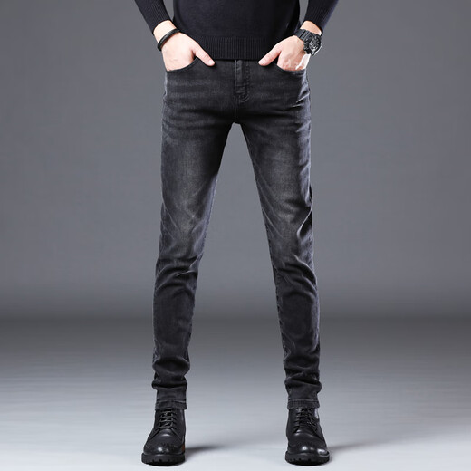 
Jinba brand men's summer thin black jeans men's slim feet Korean version high-end elastic casual high-end trousers 1048-Black 38