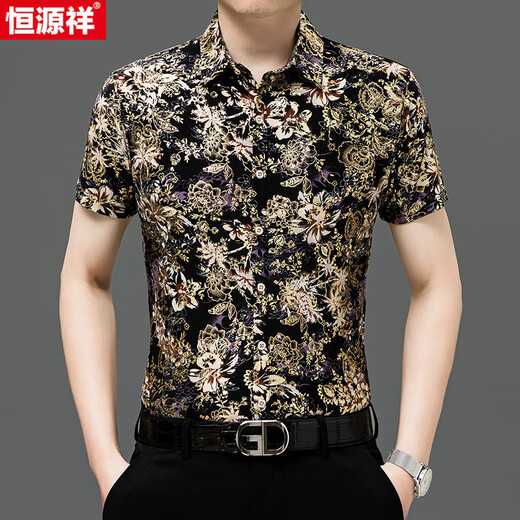 恒源祥夏季桑蚕丝短袖印花衬衫男冰.丝半袖免烫花衬衣休闲中年爸爸薄款 Y81-9898黑色 3XL 185【180-195斤】