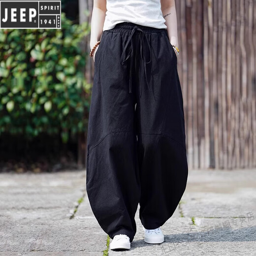 JEEP SPIRIT亚麻弯刀裤男士束脚灯笼裤2025夏季纯色宽松国潮休闲长裤 麻灰色 M 【105-120斤】