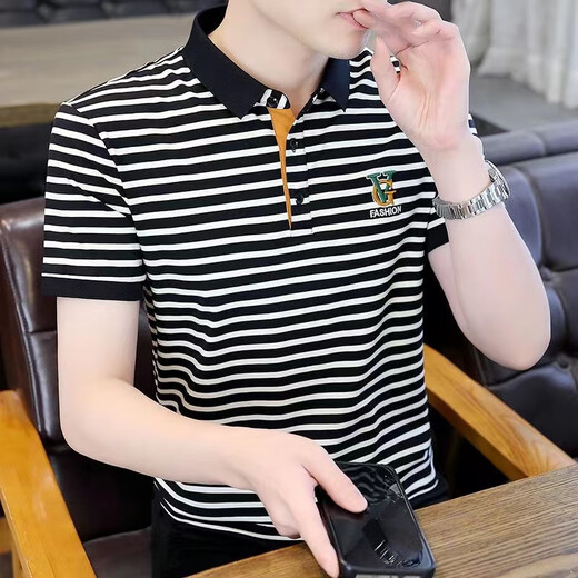 Pierre cardin high-end striped polo shirt men's t-shirt lapel cotton short-sleeved summer new casual trend ice silk t-shirt 983 white stripes [high quality] M 85-100Jin [Jin equals 0.5 kg]
