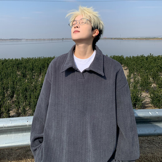 NYING wheat ear pattern heavy sweatshirt for boys autumn new American trendy brand polo collar long-sleeved T-shirt loose casual top apricot XL (130-150Jin Jin equals 0.5 kg)