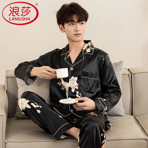 Langsha Frühlings- und Herbst-Pyjamas Long Sleeve Ice Real Seide Thin Home Anzug Männer leichter Luxusstil Sommerset M6629 L [-140jin [Jin gleich 0,5 kg]]]