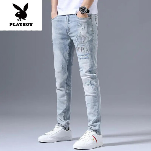 
Playboy (PLAYBOY) summer stretch jeans men's ripped embroidery trendy slim-fitting small feet light color versatile long pants new product light blue 3890 crown ripped pants 31 [Suggested 125-135Jin [Jin equals 0.5 kg]]
