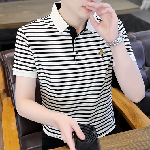 Pierre cardin high-end striped polo shirt men's t-shirt lapel cotton short-sleeved summer new casual trend ice silk t-shirt 983 white stripes [high quality] M 85-100Jin [Jin equals 0.5 kg]