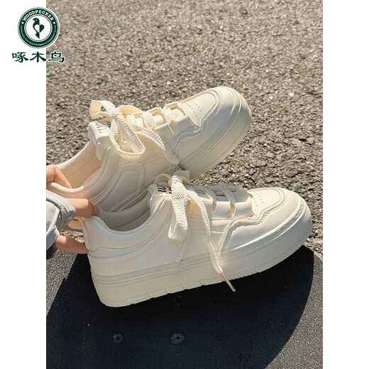 啄木鸟舒适小白鞋女2025新款春秋款女鞋百搭chic鞋子休闲运动厚底板鞋 9195米色 35