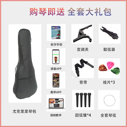 海蒂诗单板尤克里里初学者女生小吉他23寸乌克丽丽儿童男学生乐器 23寸黑白分明+配件礼包