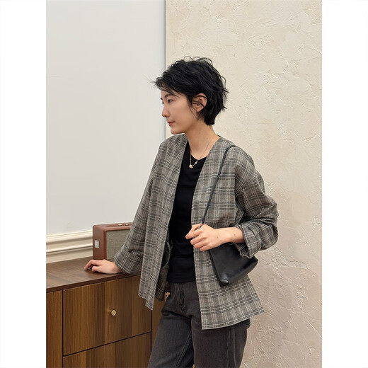 Langqing Tong Zhou Langqing kleine Leinenplaidjacke 2025 Neue Frauen Sommer V-Ausschnitt Dünne Strickjacke Casual Lose Top Plaids Empfohlen 90-100 Jin [Jin ist 0,5 kg]
