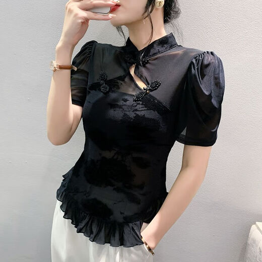 Deluobin (deluobin) Hebilla de verano Femenino Cuerpo delgado 2025 Fashion Sprod de primavera y verano Collar Mesh Camiseta de manga corta para mujeres Nuevos 3891 Diseño micro-transparente de manga corta l