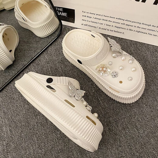 Songmaidou cute butterfly hole shoes for women 2025 summer thick-soled internet celebrity s s-strike feels fashionable Baotou sandals women's shoes milky white 9905 crystal butterfly 35/37 size suitable - wear 36