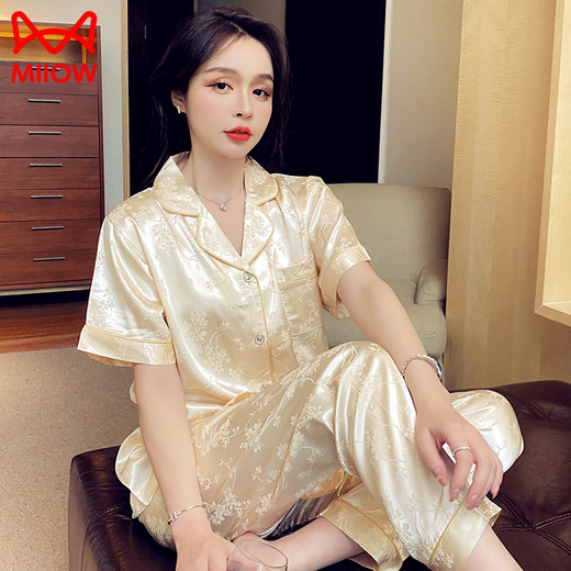 猫人（MiiOW）冰丝睡衣女士夏季丝.绸薄款短袖长裤加大码200斤家居服感套装 693#绿条纹三件套 M (建议80-100斤)